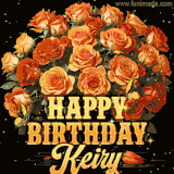 Animated bouquet of orange roses with moving butterfles and golden 'Happy Birthday Keiry' text, surrounded by sparkling accents and a dark backdrop for a luxurious feel.