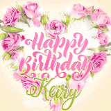 A stunning heart made of pink roses surrounds the elegant script text 'Happy Birthday Keiry' on a soft beige background. Animated sparkles add a magical and festive feel.