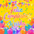 A bright and festive GIF with the text 'Feliz Cumpleaños Keisha' in Spanish in colorful fonts, surrounded by confetti, balloons, and festive banners on a vibrant yellow background.