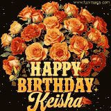 Animated bouquet of orange roses with moving butterfles and golden 'Happy Birthday Keisha' text, surrounded by sparkling accents and a dark backdrop for a luxurious feel.
