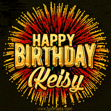 Golden 'Happy Birthday Keisy' text accompanied by animated rainbow fireworks for a festive animated greeting.