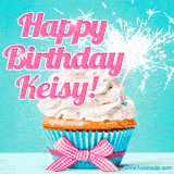 A festive cupcake with pink icing, a gingham bow, and a lit animated sparkler, paired with 'Happy Birthday Keisy!' in bright pink text.