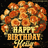 Animated bouquet of orange roses with moving butterfles and golden 'Happy Birthday Keisy' text, surrounded by sparkling accents and a dark backdrop for a luxurious feel.