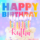 A vibrant animated name GIF with the words 'Happy Birthday Keitha' with colorful candles on a creamy cake. The background sparkles with pastel shades, adding a festive touch.