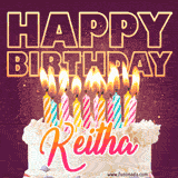 A colorful birthday cake topped with lit candles, with the words 'Happy Birthday Keitha' in bold glowing letters on a burgundy background. Animated flames add a festive touch.