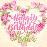 A stunning heart made of pink roses surrounds the elegant script text 'Happy Birthday Keitha' on a soft beige background. Animated sparkles add a magical and festive feel.