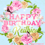 A charming animated GIF featuring 'Happy Birthday Keithia' in pink and green text, surrounded by delicate roses, leaves, and fluttering butterflies on a soft light blue pastel background.