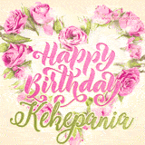 A stunning heart made of pink roses surrounds the elegant script text 'Happy Birthday Kekepania' on a soft beige background. Animated sparkles add a magical and festive feel.