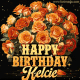 Animated bouquet of orange roses with moving butterfles and golden 'Happy Birthday Kelcie' text, surrounded by sparkling accents and a dark backdrop for a luxurious feel.