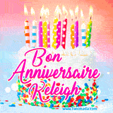 A white birthday cake covered in colorful sprinkles, topped with bright candles, and French text 'Bon Anniversaire Keleigh' on a pastel gradient background in an animated GIF.