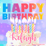 A vibrant animated name GIF with the words 'Happy Birthday Keleigh' with colorful candles on a creamy cake. The background sparkles with pastel shades, adding a festive touch.