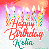 Bright birthday candles with rainbow flames on a cake, alongside the text 'Happy Birthday Kelia' in vibrant script in this celebratory animated GIF.
