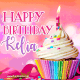 A vibrant birthday GIF featuring a rainbow-colored cupcake topped with white frosting, sprinkles, and a lit candle. The text reads 'Happy Birthday Kelia' in bold pink and violet letters with white outline.