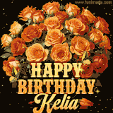 Animated bouquet of orange roses with moving butterfles and golden 'Happy Birthday Kelia' text, surrounded by sparkling accents and a dark backdrop for a luxurious feel.