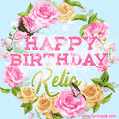 A charming animated GIF featuring 'Happy Birthday Kelia' in pink and green text, surrounded by delicate roses, leaves, and fluttering butterflies on a soft light blue pastel background.