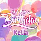 A vibrant name GIF featuring colorful balloons in shades of pink, orange, and yellow with the bold text 'Happy Birthday Kelia' in festive fonts, creating a lively birthday vibe.