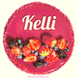 Beautifully decorated red velvet berry birthday cake with vibrant fruits and a glowing 'Kelli' name, adding a touch of sweetness and sparkle.