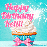 A festive cupcake with pink icing, a gingham bow, and a lit animated sparkler, paired with 'Happy Birthday Kelli!' in bright pink text.