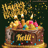 A delightful chocolate birthday cake with bright candles and 'Happy Birthday Kelli' written in gold amidst a shower of animated stars.