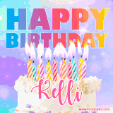 A vibrant animated name GIF with the words 'Happy Birthday Kelli' with colorful candles on a creamy cake. The background sparkles with pastel shades, adding a festive touch.