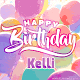 A vibrant name GIF featuring colorful balloons in shades of pink, orange, and yellow with the bold text 'Happy Birthday Kelli' in festive fonts, creating a lively birthday vibe.