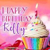 A vibrant birthday GIF featuring a rainbow-colored cupcake topped with white frosting, sprinkles, and a lit candle. The text reads 'Happy Birthday Kelly' in bold pink and violet letters with white outline.