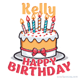 Cartoon birthday cake with a red bow, glowing candles, and 'Kelly Happy Birthday' text in bold animated style.