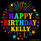 Personalized greeting card with name, colorful text that says 'Happy Birthday Kelly' surrounded by animated fireworks and multicolor stars