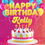 Pink-themed animated greeting with balloons, confetti, and a frosted cake under the message 'Happy Birthday Kelly' in bold rounded yellow font.