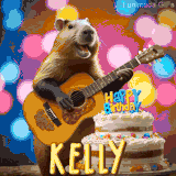 Animated birthday GIF showing a capybara playing guitar and singing beside a birthday cake with the name Kelly in large letters and colorful bokeh lights in the background.