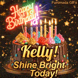 Bold golden lettering spelling Kelly! on a gourmet chocolate cake with the subtext Shine Bright Today! on a gold stand.