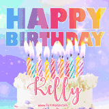 A vibrant animated name GIF with the words 'Happy Birthday Kelly' with colorful candles on a creamy cake. The background sparkles with pastel shades, adding a festive touch.