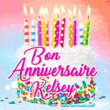 A white birthday cake covered in colorful sprinkles, topped with bright candles, and French text 'Bon Anniversaire Kelsey' on a pastel gradient background in an animated GIF.