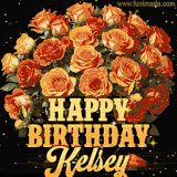 Animated bouquet of orange roses with moving butterfles and golden 'Happy Birthday Kelsey' text, surrounded by sparkling accents and a dark backdrop for a luxurious feel.