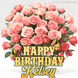 Golden 'Happy Birthday Kelsey' text beneath a vibrant bouquet of orange roses, complete with glittering butterflies and sparkling details.