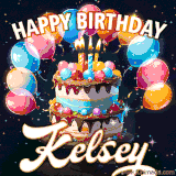 Bright birthday animation for Kelsey with a chocolate cake, candles, balloons, and glowing celebratory lights.