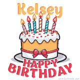 Cartoon birthday cake with a red bow, glowing candles, and 'Kelsey Happy Birthday' text in bold animated style.