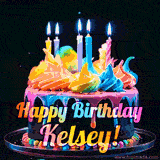 A mesmerizing animated cake with multicolor frosting and candles, and the words 'Happy Birthday Kelsey' on the black background.