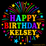 Personalized greeting card with name, colorful text that says 'Happy Birthday Kelsey' surrounded by animated fireworks and multicolor stars