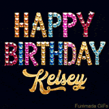 Vibrant luxury birthday greeting card for Kelsey, showing glittering gemstone letters and golden calligraphy on a dark background with twinkling shine effects.