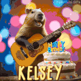 Animated birthday GIF showing a capybara playing guitar and singing beside a birthday cake with the name Kelsey in large letters and colorful bokeh lights in the background.