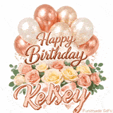 A bouquet of pastel roses and green leaves with Happy Birthday Kelsey animation