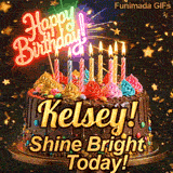 Shimmering animated card featuring a detailed chocolate cake and the name Kelsey for her birthday celebration.