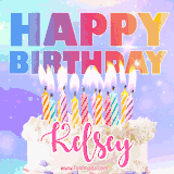 A vibrant animated name GIF with the words 'Happy Birthday Kelsey' with colorful candles on a creamy cake. The background sparkles with pastel shades, adding a festive touch.