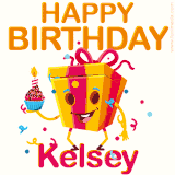 A vibrant and funny gift box character with a happy face dancing with a cupcake and the text 'Happy Birthday Kelsey,' surrounded by animated confetti and party vibes.