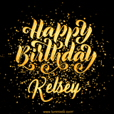 Animated GIF with colorful, festive 'Happy Birthday Kelsey' text decorated with patterns, a party hat, and falling confetti. A vibrant and cheerful design for birthday celebrations.