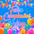 A vibrant animated GIF with 'Feliz Cumpleaños Kelsey' written in colorful script, surrounded by balloons, confetti, and bunting on a bright blue background.