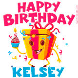 A funny animated birthday GIF with the words 'Happy Birthday Kelseya', colorful gift box with arms and legs, holding a cupcake with a lit candle  with confetti everywhere.