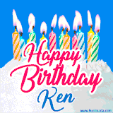 A cheerful animated GIF featuring colorful lit birthday candles on a white cake, with the text 'Happy Birthday Ken' in bold red and blue script on a bright blue background.