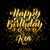 Animated GIF with colorful, festive 'Happy Birthday Ken' text decorated with patterns, a party hat, and falling confetti. A vibrant and cheerful design for birthday celebrations.